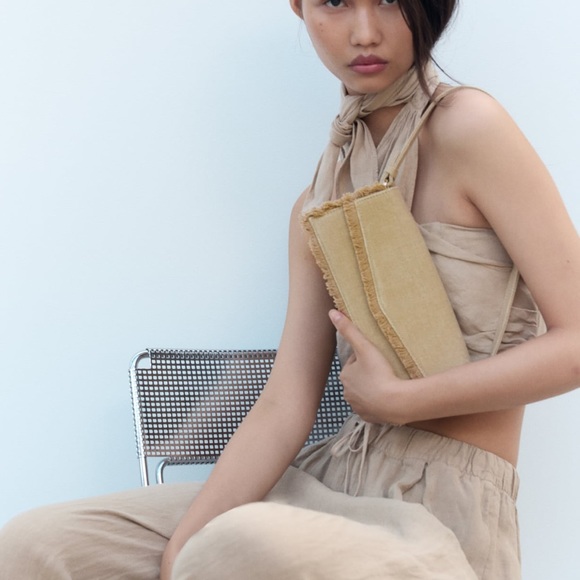 Zara Beige Tan Neutral Fabric shoulder Bag Handbag frayed trim Magnetic flap NWT - Picture 8 of 15